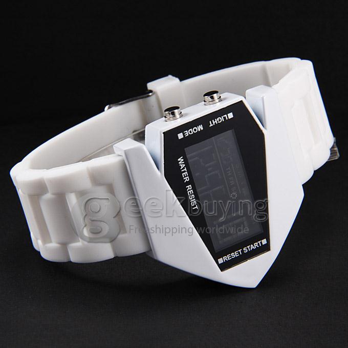 Stealth Aircraft Style LED Silicone Strap Digital Quartz Sport Wrist Watch for Man - White