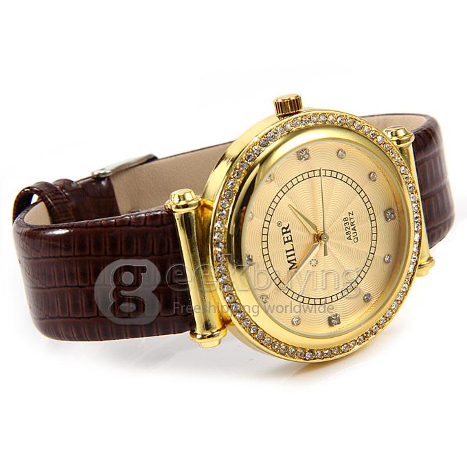 MILER A8238 Unisex Gold Case Crocodile Leather Band Analog Quartz Wrist Watch with Diamond - Brown