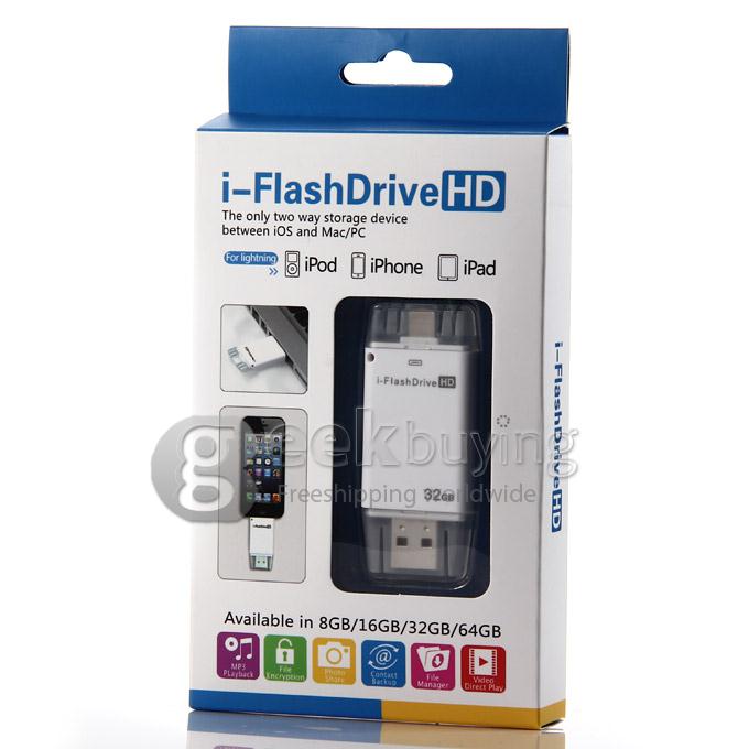 i-Flash HD Drive 32GB USB + 8-pin Port Flash Drive Memory Stick for iPad iPod iPhone5s iPhone6 - White