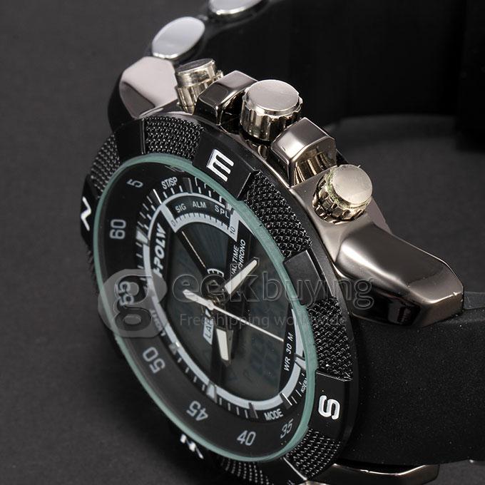 Hpolw FS-818 Men's Fashion LED Stainless Steel Analog-Digital Quartz Sport Wrist Watch - Black
