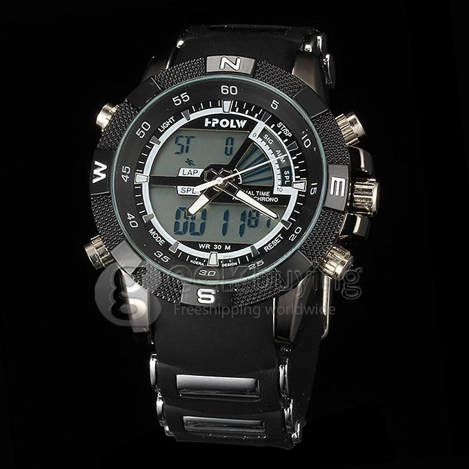 Hpolw FS-818 Men's Fashion LED Stainless Steel Analog-Digital Quartz Sport Wrist Watch - Black