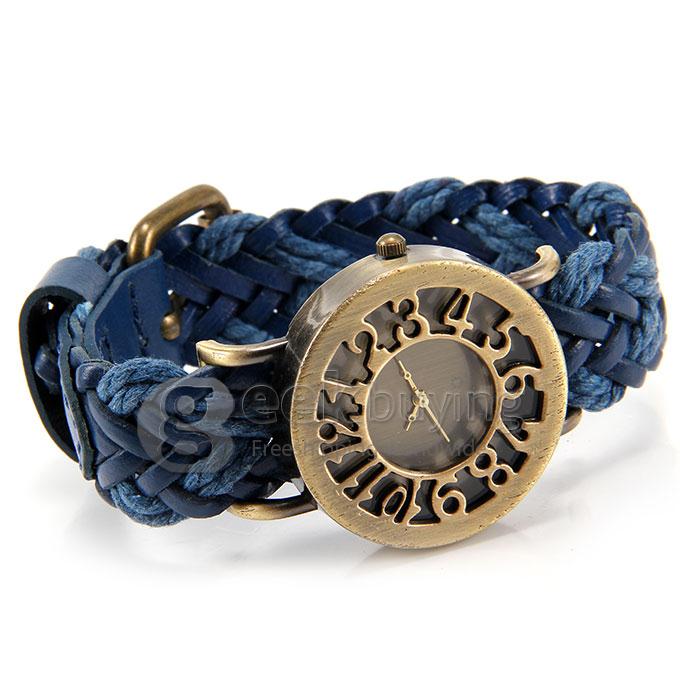 Women's Fashion Vintage Leisure Analog Quartz Handcraft Weave Strap Wrist Watch - Blue