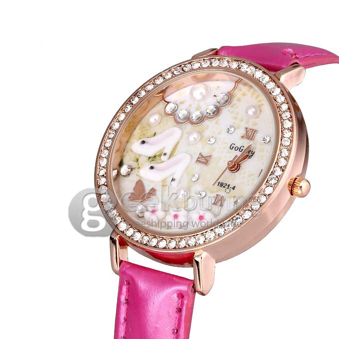 GOGOey1921 Women's Fashion 3D High-heeled Shoes Leather Strap Analog Quartz Watch with Diamond - Pink