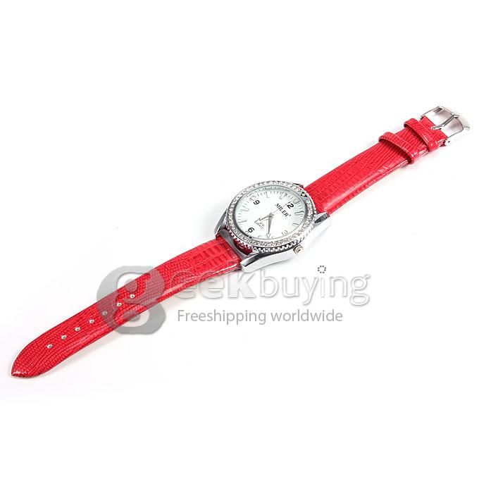 MILER A8236 Unisex Silver Case White Dial Crocodile Leather Band Analog Quartz Watch With Diamond - Red