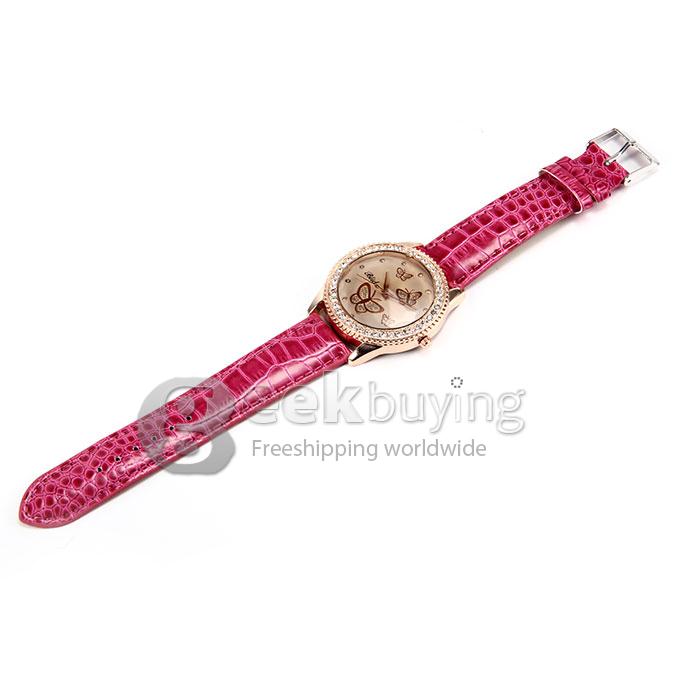 Women's Lady Style Casual Butterfly Pattern Crocodile Pattern Leather Band Quartz Watch with Diamond - Pink