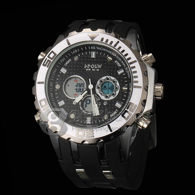 Hpolw FS-591 Men's Fashion LED Stainless Steel Black Dial White Case Analog-Digital Quartz Sport Watch - Black