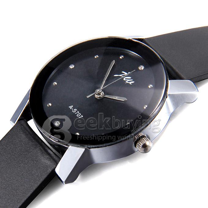 JW A-5707 Couple's Simple Fashion Black Dial PU Strap Analog Quartz Watch with Diamond for Man - Black