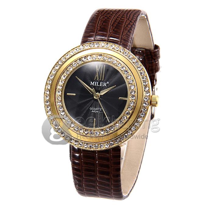 MILER A8241 Unisex Gold Case Black Dial Crocodile Pattern Leather Band Analog Quartz Watch with Diamond - Brown