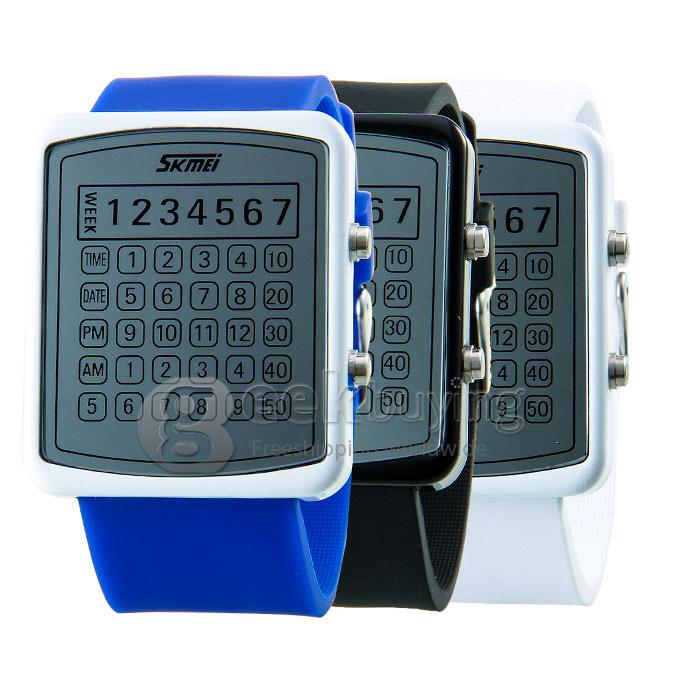 SKMEi 0987 Unisex Jelly Style PU Band Sport Square Mirror LED Digital Quartz Sport Watch - White