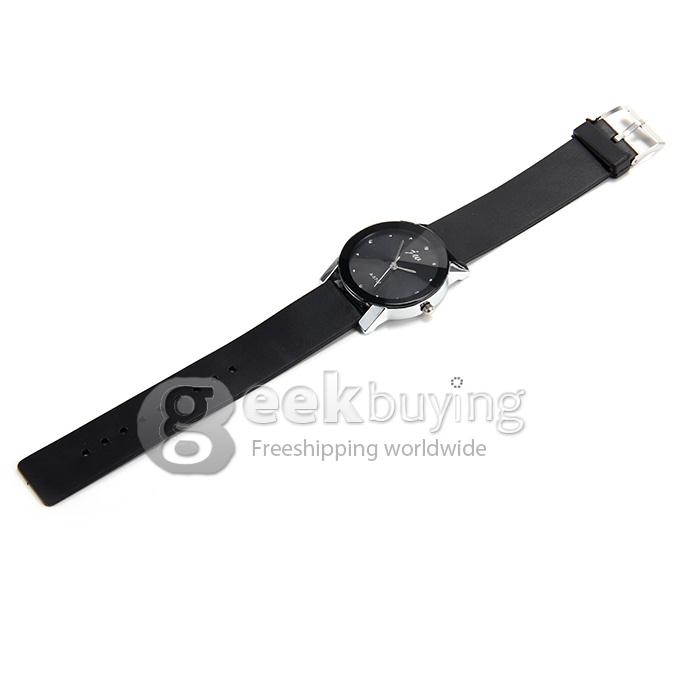 JW A-5707 Couple's Simple Fashion Black Dial PU Strap Analog Quartz Watch with Diamond for Man - Black