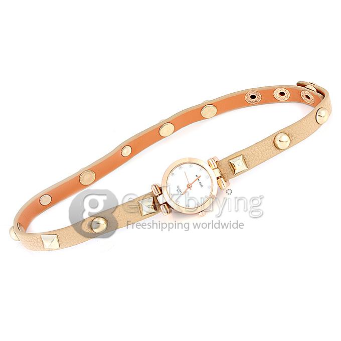 VIKEC 933 Fashion Leather Strap Alloy Dial Analog Quartz Bracelet Watch for Woman - Brown