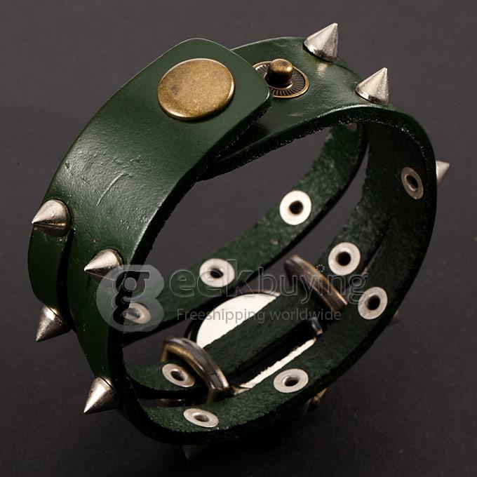 Women's Fashion Spike Style Round Dial Leather Braid Strap Analog Quartz Bracelet Watch - Green
