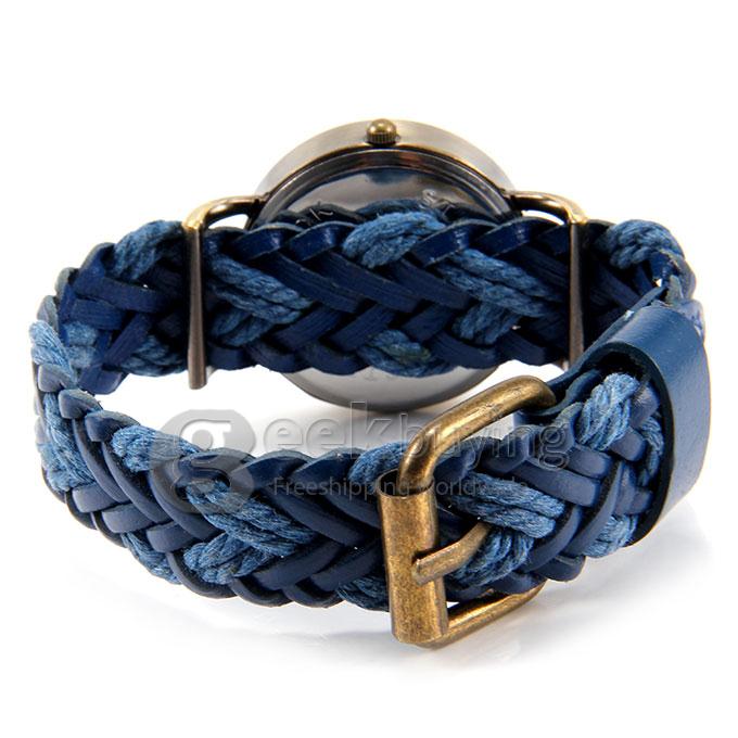 Women's Fashion Vintage Leisure Analog Quartz Handcraft Weave Strap Wrist Watch - Blue