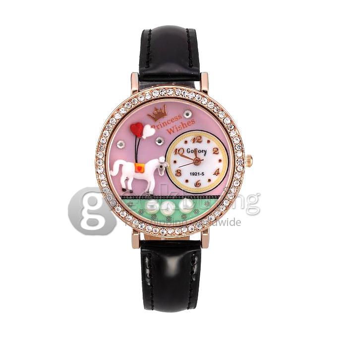 GOGOey1921 Women's Fashion 3D Pony Leather Strap Analog Quartz Watch with Diamond - Black