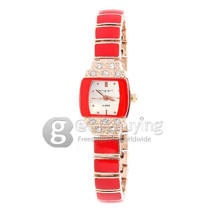 King-girl 9093 Women's Rhinestone Round Dial Alloy Band Analog Quartz Bracelet Watch - Red
