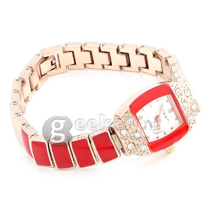 King-girl 9093 Women's Rhinestone Round Dial Alloy Band Analog Quartz Bracelet Watch - Red