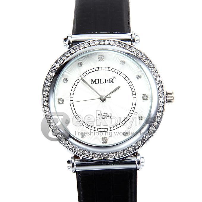 MILER A8238 Unisex Silver Case White Dial Crocodile Leather Band Analog Quartz Watch with Diamond - Black