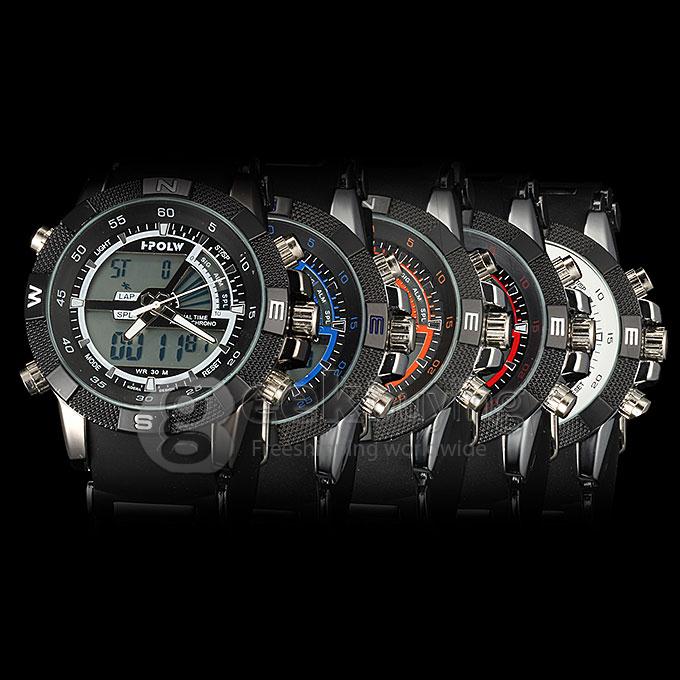 Hpolw FS-818 Men's Fashion LED Stainless Steel Analog-Digital Quartz Sport Wrist Watch - Black