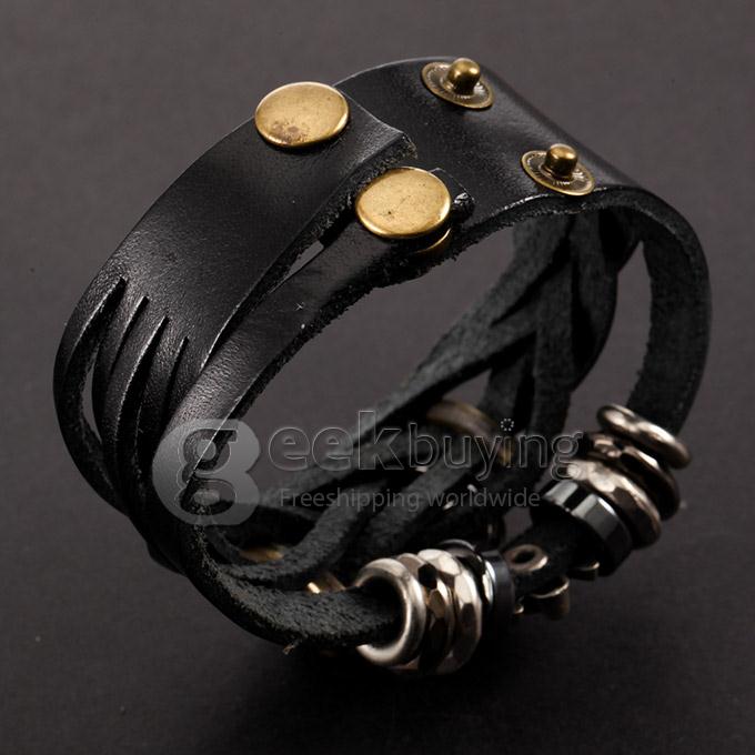 Women's Fashion Round Braid Leather Strap Analog Quartz Skeleton Style Bracelet Watch - Black