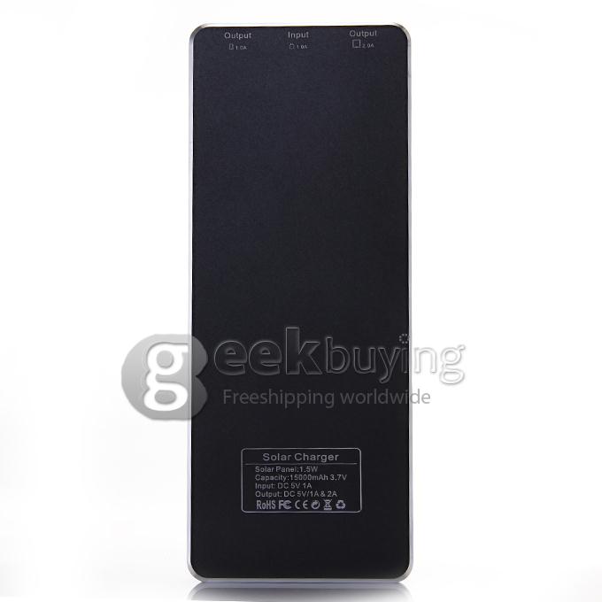 Dual USB High Capacity 15000mAh Mobile Solar Battery Charger Power Bank for Phone Tablet Camera Device - Black