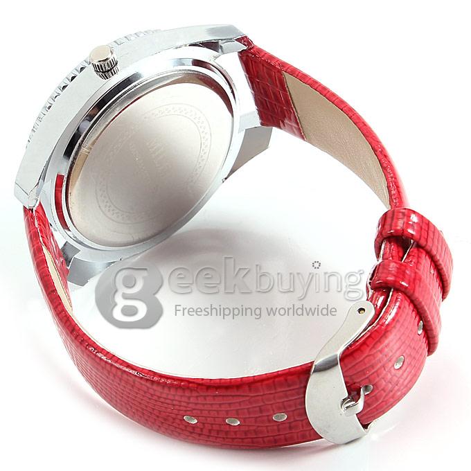 MILER A8236 Unisex Silver Case White Dial Crocodile Leather Band Analog Quartz Watch With Diamond - Red