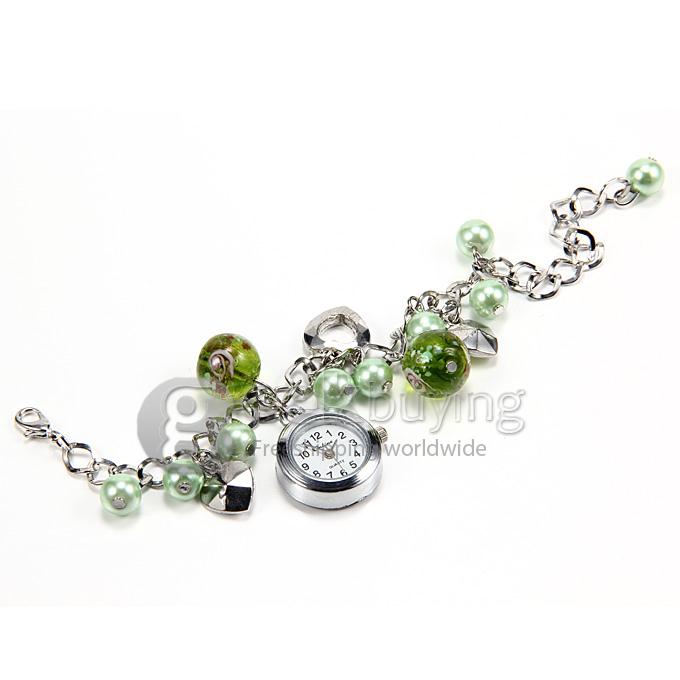Fashion Casual Alloy and Plastic Bead Heart Pattern Analog Quartz Bracelet Watch for Woman - Green