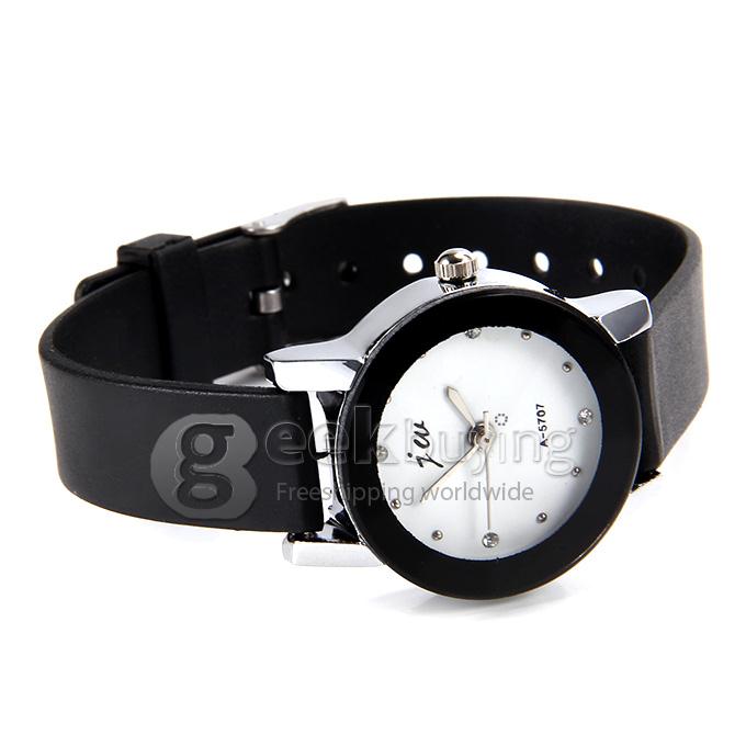 JW A-5707 Couple's Simple Fashion White Dial PU Strap Analog Quartz Watch with Diamond for Woman - White