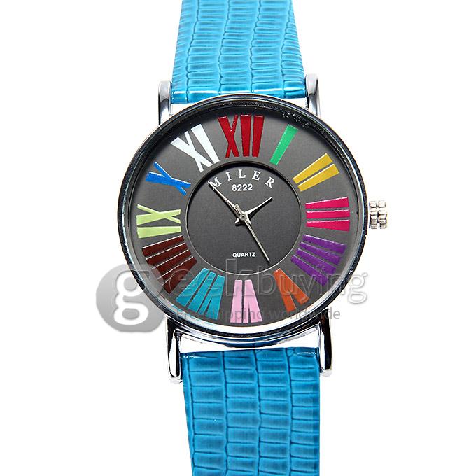 MILER A8222 Fashion Unisex Colorful Rome Digital Crocodile Pattern Leather Band Analog Quartz Wrist Watch - Blue