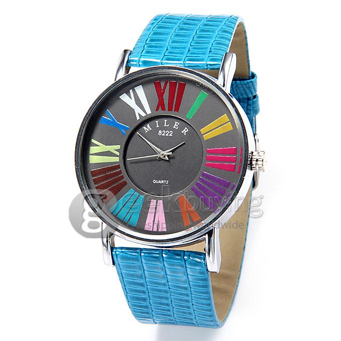 MILER A8222 Fashion Unisex Colorful Rome Digital Crocodile Pattern Leather Band Analog Quartz Wrist Watch - Blue