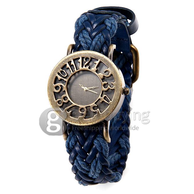 Women's Fashion Vintage Leisure Analog Quartz Handcraft Weave Strap Wrist Watch - Blue