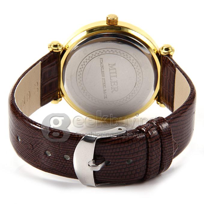 MILER A8238 Unisex Gold Case Crocodile Leather Band Analog Quartz Wrist Watch with Diamond - Brown