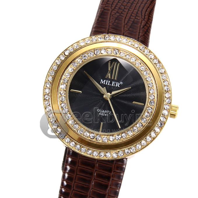 MILER A8241 Unisex Gold Case Black Dial Crocodile Pattern Leather Band Analog Quartz Watch with Diamond - Brown
