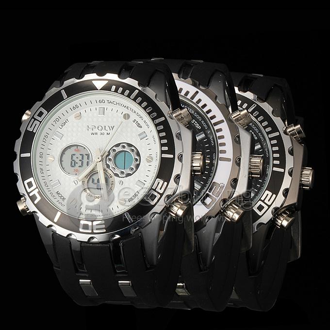 Hpolw FS-591 Men's Fashion LED Stainless Steel Black Dial White Case Analog-Digital Quartz Sport Watch - Black