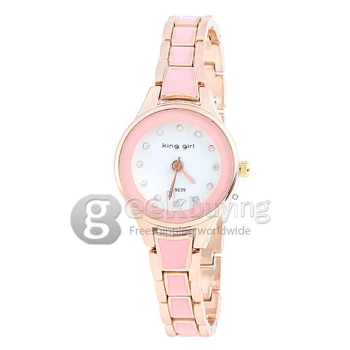 King-girl 9239 Women's Rhinestone Round Dial Alloy Band Analog Quartz Bracelet Watch - Pink