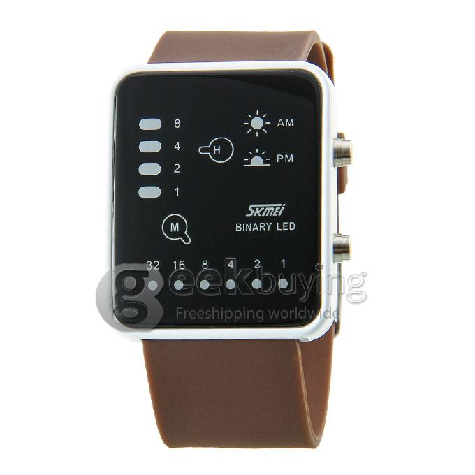 SKMEi 0890 Unisex Jelly Style PU Band Square Mirror LED Digital Quartz Sport Wrist Watch - Brown