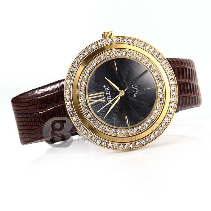 MILER A8241 Unisex Gold Case Black Dial Crocodile Pattern Leather Band Analog Quartz Watch with Diamond - Brown