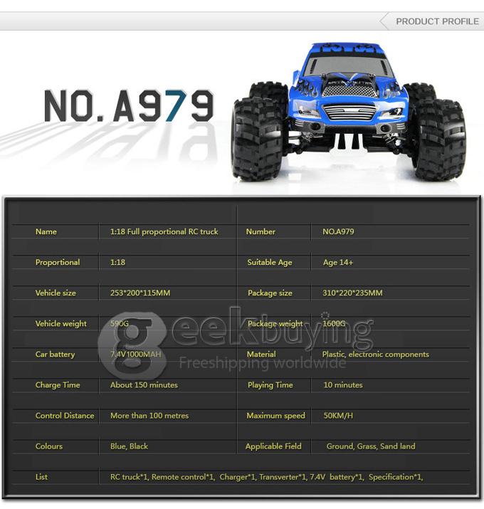 Wltoys A979 4WD High Speed RC Car 1:18 2.4Gh Electric Outdoor Fun Remote Control Toys with 2.4Ghz Transmitter - Blue