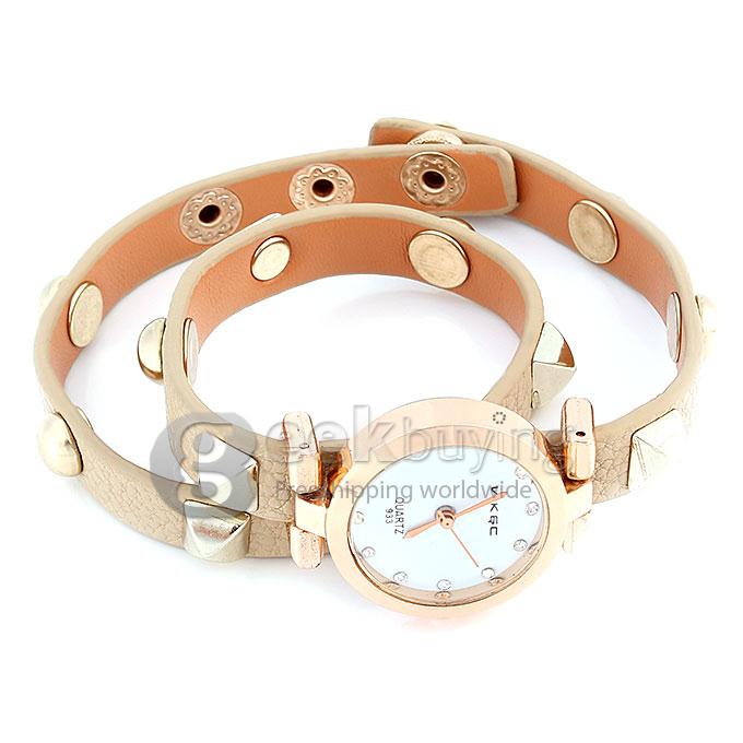 VIKEC 933 Fashion Leather Strap Alloy Dial Analog Quartz Bracelet Watch for Woman - Brown