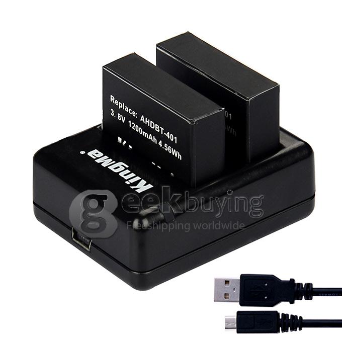 Kingma 2 x 1200mAh AHDBT-401 Camera Battery + Dual Port Home Charger for Gopro Hero 4 HD Camera