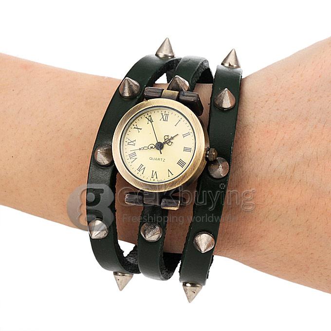 Women's Fashion Spike Style Round Dial Leather Braid Strap Analog Quartz Bracelet Watch - Green
