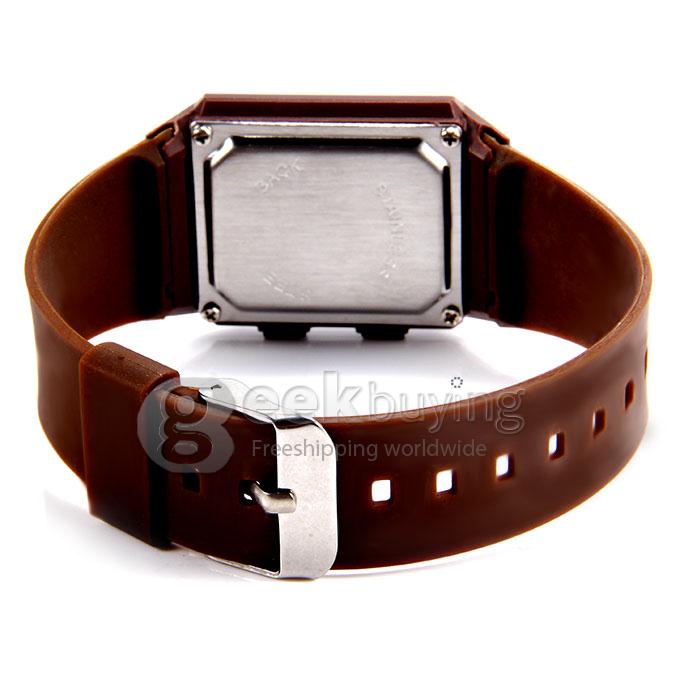 Unisex LED Digital Bright Colorful Square Case Silicone Strap Quartz Wrist Watch - Brown