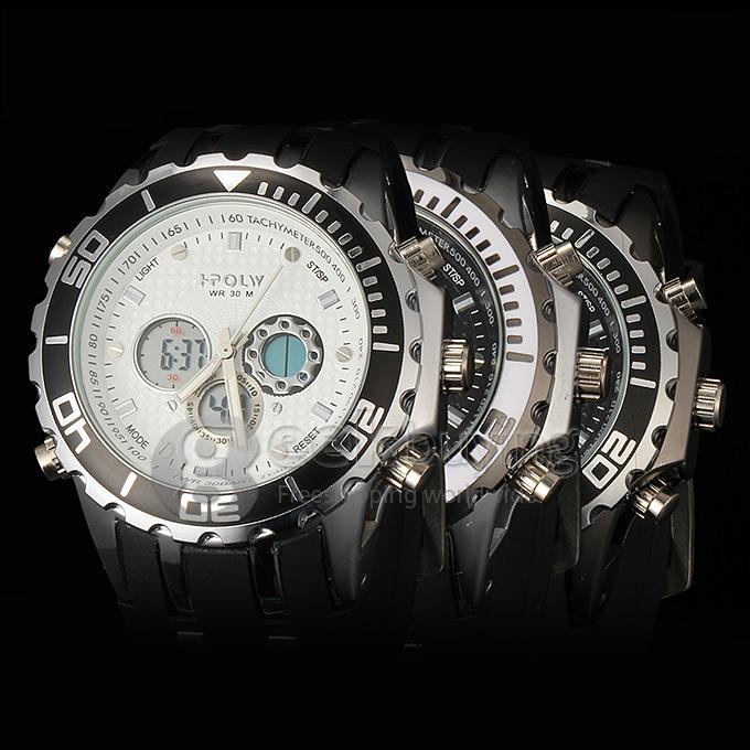 Hpolw FS-591 Men's Fashion LED Stainless Steel Black Dial White Case Analog-Digital Quartz Sport Watch - Black