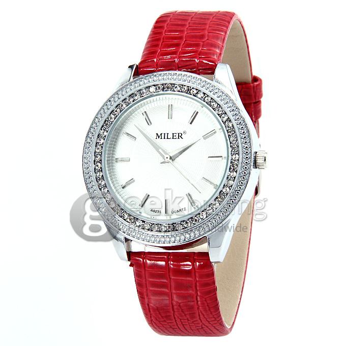 MILER A8235 Unisex Silver Case Crocodile Leather Band Analog Quartz Watch With Diamond - Red