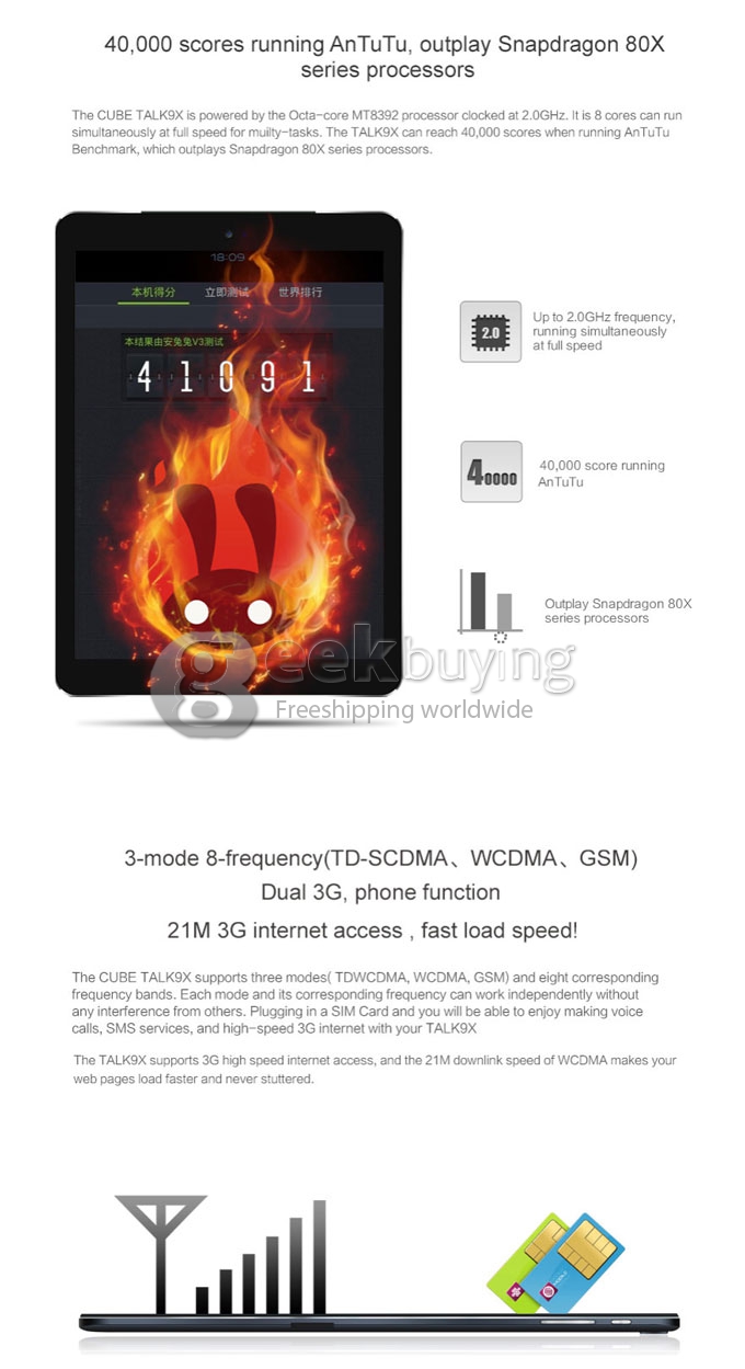 Cube Talk 9X U65GT 3G Phablet 2GB/32GB 9.7 inch Android 4.4 MTK8392 Octa Core 1.7GHz Phone Call Tablet PC IPS 2048*1536 GPS - Black