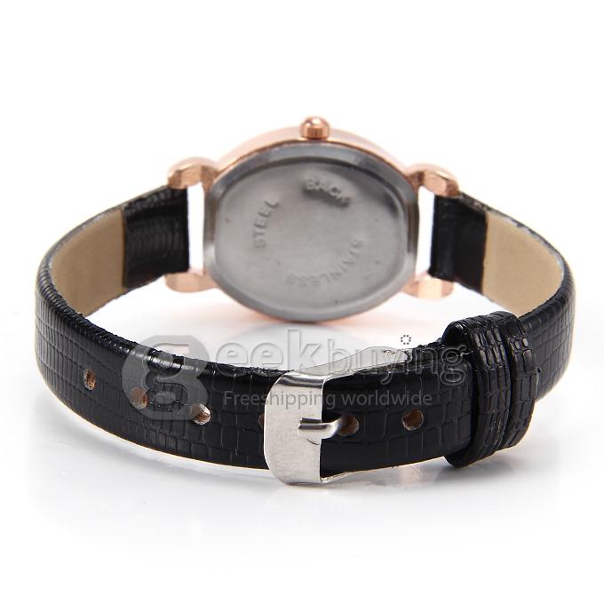 Women's Roman Numerals Crocodile Pattern Leather Band Oval Dial Analog Quartz Wrist Watch - Black