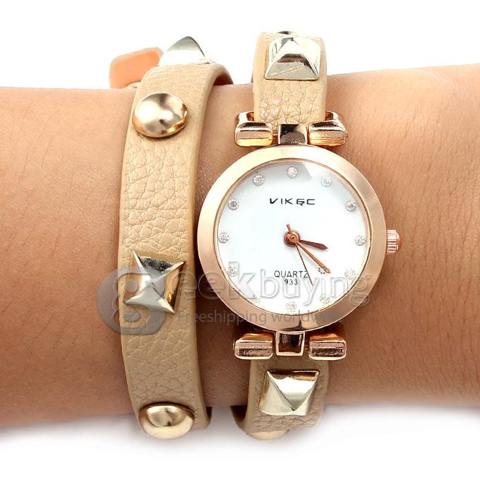 VIKEC 933 Fashion Leather Strap Alloy Dial Analog Quartz Bracelet Watch for Woman - Brown