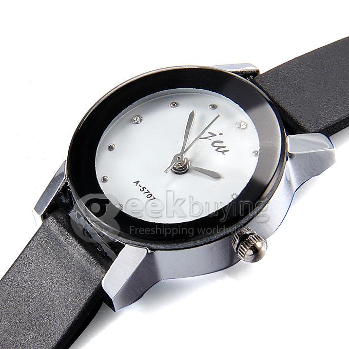 JW A-5707 Couple's Simple Fashion White Dial PU Strap Analog Quartz Watch with Diamond for Woman - White