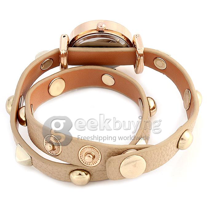 VIKEC 933 Fashion Leather Strap Alloy Dial Analog Quartz Bracelet Watch for Woman - Brown