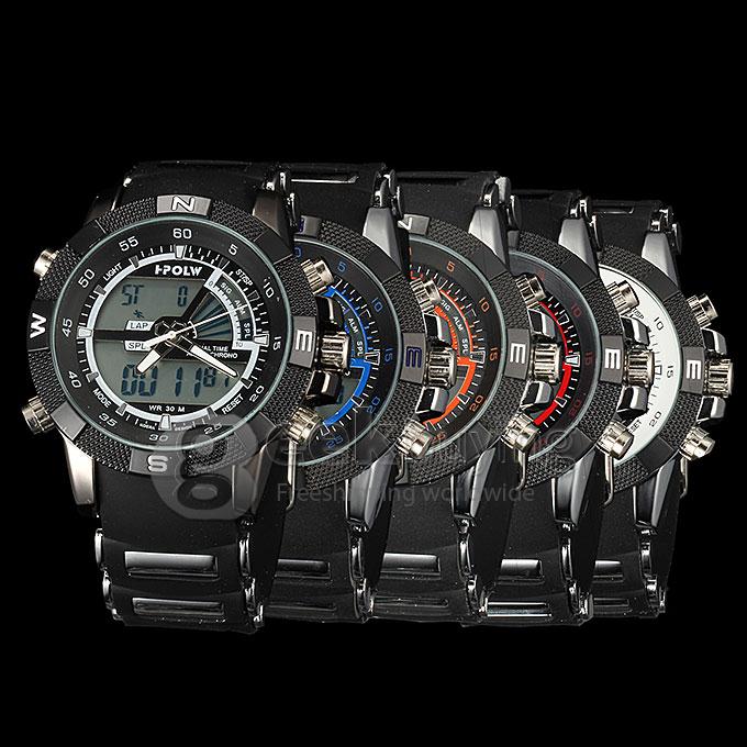 Hpolw FS-818 Men's Fashion LED Stainless Steel Analog-Digital Quartz Sport Wrist Watch - Black