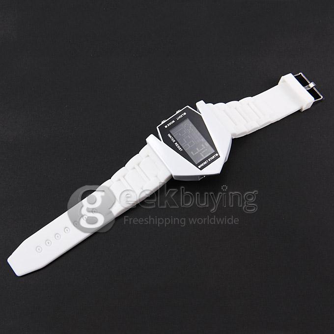 Stealth Aircraft Style LED Silicone Strap Digital Quartz Sport Wrist Watch for Man - White